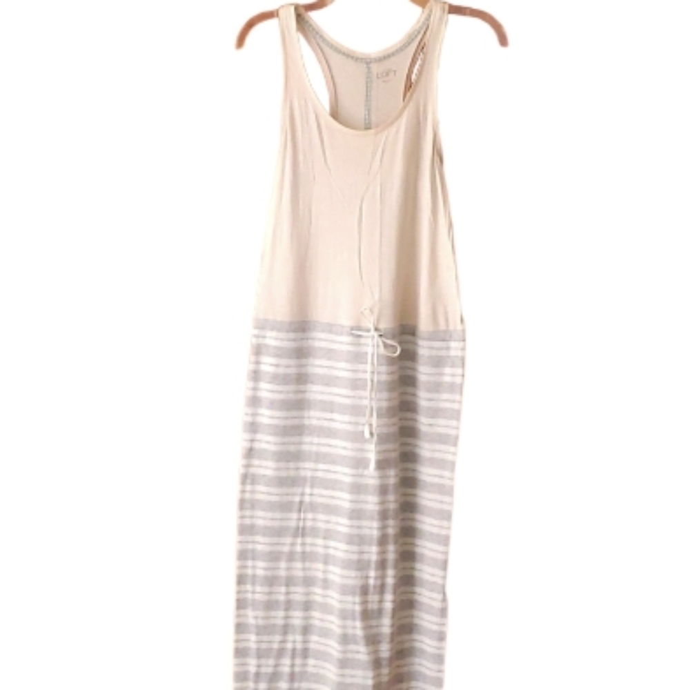 Ann Taylor LOFT Womans Beige and Grey Striped Sleeveless‎ Maxi Dress Size Small